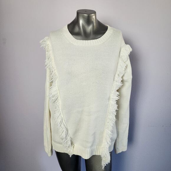 Trouvé Fringe Off-White Wool Blend Crew Neck Knit Sweater | Women's Large - Picture 1 of 12